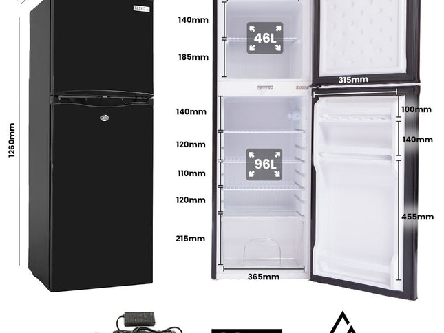 GECKO 142L Upright Portable Fridge / Freezer, 12V/24V for Motorhome and Caravan, Black