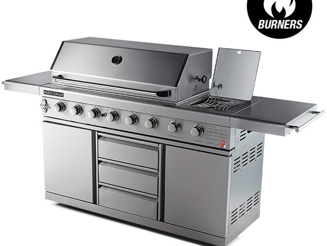 EuroGrille 8 Burner Outdoor BBQ Grill Barbeque Gas Stainless Steel Kitchen Commercial