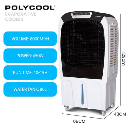 POLYCOOL 450W 80L Evaporative Air Cooler, Commercial Grade, Remote Control, Fan