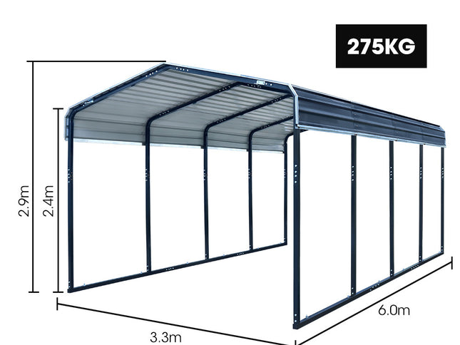 SHADE SHIELD Single Carport Shed 3.3 x 6 x 2.9m, Galvanised Steel Frame, Powder Coated Gable Roof, Shelter for Car Caravan Boat Tractor Agricultural