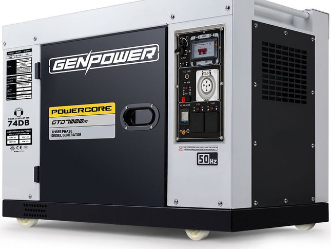 GENPOWER 7kW Peak 5kW Rated Commercial Diesel Generator, Three Phase 415V, Electric Start, Sound-Insulated, RCD Safety Switch, Worksite & Backup Power