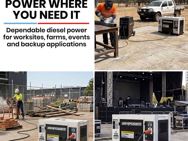 GENPOWER 7kW Peak 5kW Rated Commercial Diesel Generator, Three Phase 415V, Electric Start, Sound-Insulated, RCD Safety Switch, Worksite & Backup Power