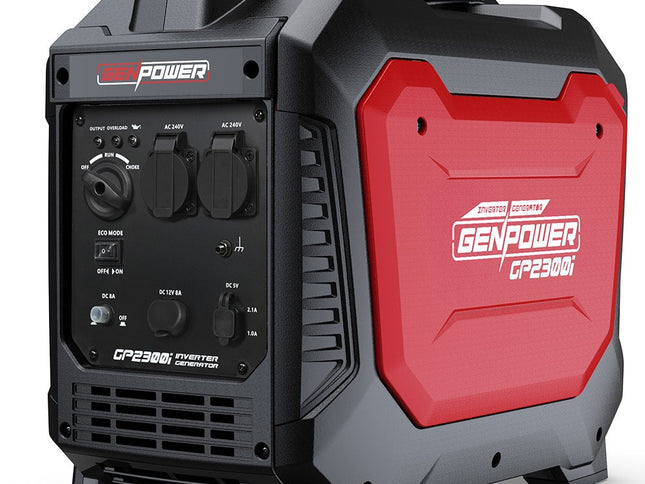 GENPOWER 2.3kW Peak 1.8kW Inverter Generator, 2x15A, 12V, USB, Portable, Petrol, Camping, Home Backup