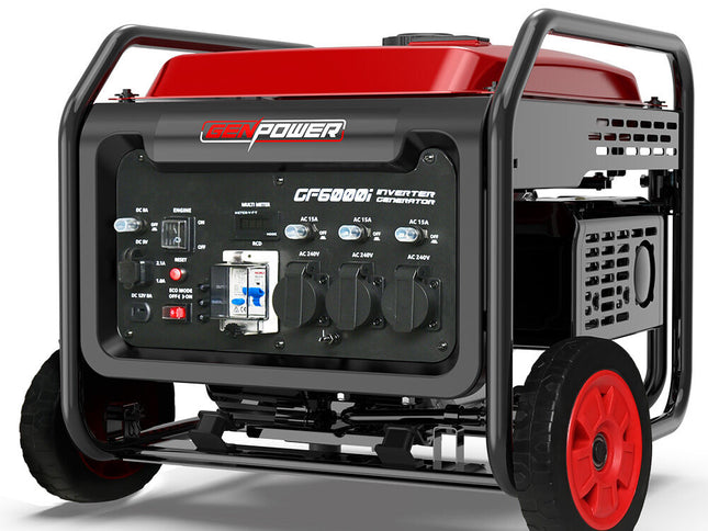 GENPOWER 6kW Peak 5kW Open Frame Inverter Generator, 3x15A, 15L Tank, Wheels, RCD, Portable, Backup