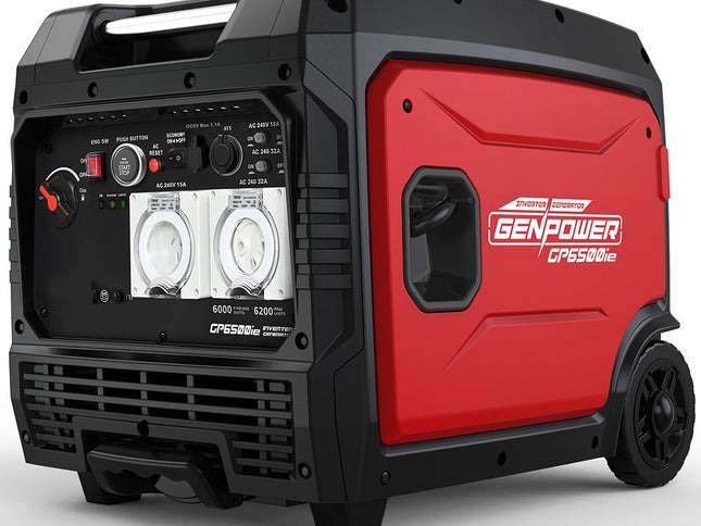 GENPOWER 6.2kW Peak 6.0kW Inverter Generator, Push Button & Remote Start, 15L Tank, Portable w/ Wheels, Camping, Backup