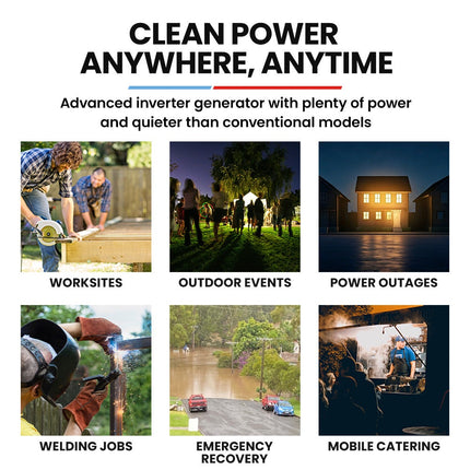 GENPOWER 6.2kW Peak 6.0kW Inverter Generator, Push Button & Remote Start, 15L Tank, Portable w/ Wheels, Camping, Backup