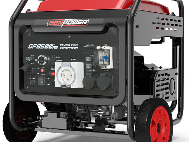 GENPOWER 8.5kW Peak 7.2kw Open Frame Inverter Generator, Push-Button Start, 2x15A, 1x32A, 20L Tank, Wheels, RCD, Portable, Backup