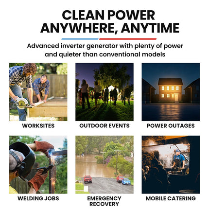 GENPOWER 8.5kW Peak 8.2kW Inverter Generator, Push Button & Remote Start, ATS Compatible, RCD, Portable w/ Wheels, 27L Fuel Tank, Grid Power Home Backup