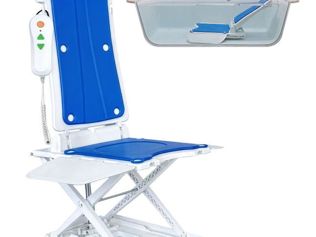 EQUIPMED Motorised Bath Lift Chair, Electric Battery Operated Reclining Seat, Bathing for Elderly & Disabled, 136kg Capacity Blue