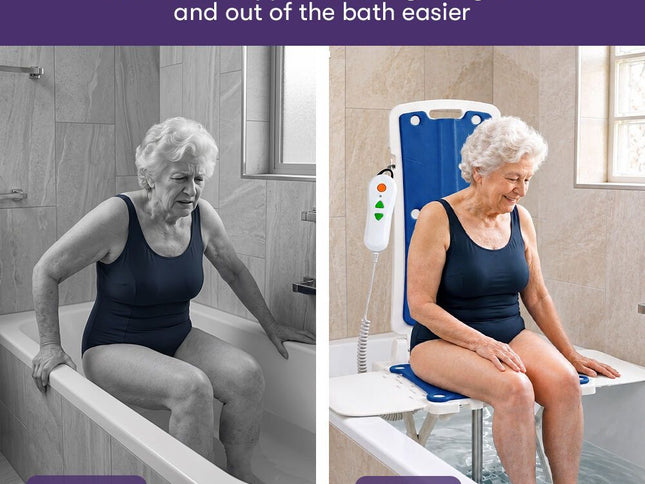 EQUIPMED Motorised Bath Lift Chair, Electric Battery Operated Reclining Seat, Bathing for Elderly & Disabled, 136kg Capacity Blue