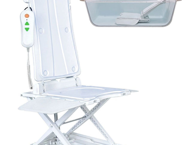 EQUIPMED Motorised Bath Lift Chair, Electric Battery Operated Reclining Seat, Bathing Aid for Elderly & Disabled, 136kg Capacity White