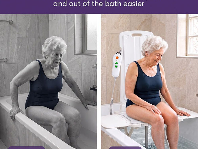 EQUIPMED Motorised Bath Lift Chair, Electric Battery Operated Reclining Seat, Bathing Aid for Elderly & Disabled, 136kg Capacity White