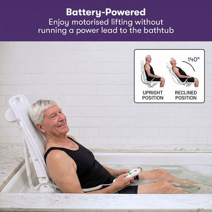 EQUIPMED Motorised Bath Lift Chair, Electric Battery Operated Reclining Seat, Bathing Aid for Elderly & Disabled, 136kg Capacity White