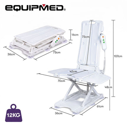 EQUIPMED Motorised Bath Lift Chair, Electric Battery Operated Reclining Seat, Bathing Aid for Elderly & Disabled, 136kg Capacity White