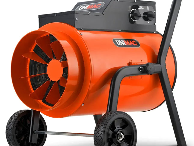 UNIMAC 15kW Portable Industrial Electric Space Fan Heater, 32A 3 Phase, Wheel Mounted, Adjustable Thermostat, High Power for Workshop and Warehouse Use