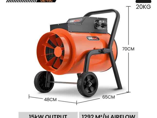 UNIMAC 15kW Portable Industrial Electric Space Fan Heater, 32A 3 Phase, Wheel Mounted, Adjustable Thermostat, High Power for Workshop and Warehouse Use