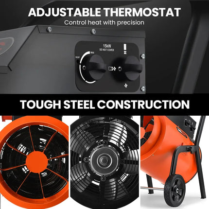 UNIMAC 15kW Portable Industrial Electric Space Fan Heater, 32A 3 Phase, Wheel Mounted, Adjustable Thermostat, High Power for Workshop and Warehouse Use