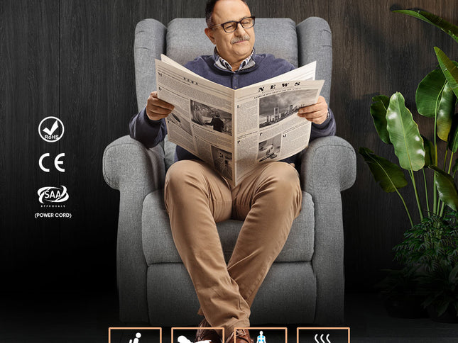 FORTIA Electric Recliner Lift Heat Chair for Elderly, Massage, Heat Therapy, Aged Care, Grey