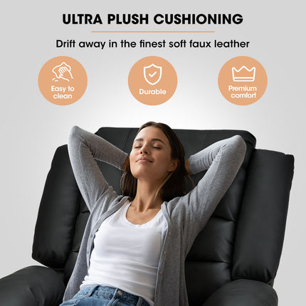 FORTIA Luxury Recliner Lounge Chair, Single Faux Leather Armchair, Elderly, Black