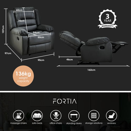 FORTIA Luxury Recliner Lounge Chair, Single Faux Leather Armchair, Elderly, Black