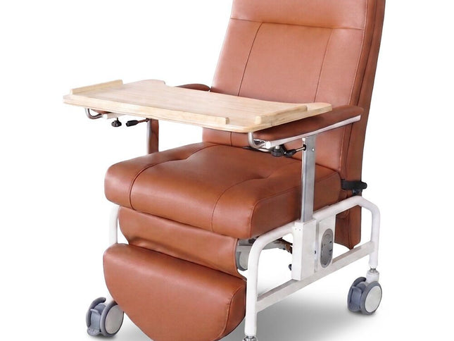 EQUIPMED Deluxe Mobile Geriatric Recliner Day Chair, Adjustable and Removable Meal Tray, Drop Down Armrests, Leatherette