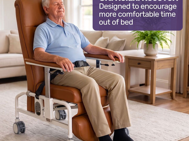 EQUIPMED Deluxe Mobile Geriatric Recliner Day Chair, Adjustable and Removable Meal Tray, Drop Down Armrests, Leatherette