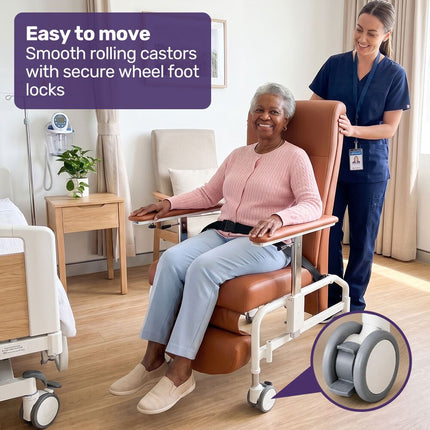 EQUIPMED Deluxe Mobile Geriatric Recliner Day Chair, Adjustable and Removable Meal Tray, Drop Down Armrests, Leatherette