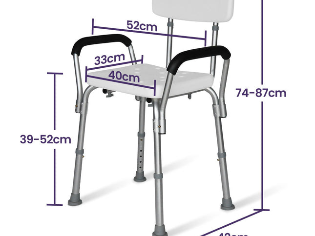 EQUIPMED Shower Chair Bath Seat 120kg Capacity, with Arms, Adjustable Height, for Elderly, White