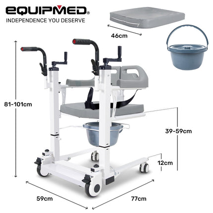 EQUIPMED 4in1 Patient Lift Transfer Chair, Manual Height Adjustment, Shower Compatible, Over Toilet, Removable Commode