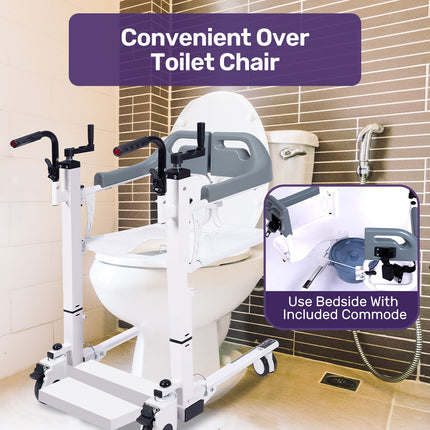 EQUIPMED 4in1 Patient Lift Transfer Chair, Manual Height Adjustment, Shower Compatible, Over Toilet, Removable Commode