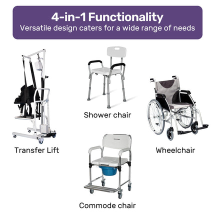 EQUIPMED 4in1 Patient Lift Transfer Chair, Manual Height Adjustment, Shower Compatible, Over Toilet, Removable Commode