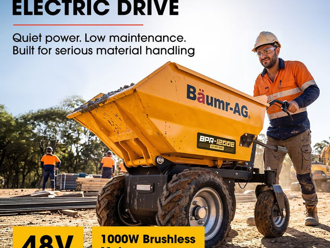 BAUMR-AG 48V Battery Powered Wheelbarrow, 200L Bucket, 1000W Brushless Electric Motor, 280kg Capacity, 8hr Max Runtime