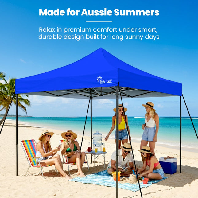 RED TRACK 3x3m Premium Pop Up Gazebo Marquee, Patented Steel Cable Canopy Support System, Wheeled Carry Bag, Side Walls, UV Block, Reinforced Frame, Blue