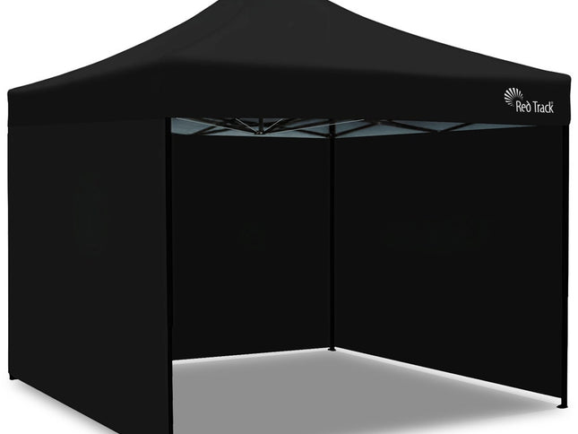RED TRACK 3x3m Premium Pop Up Gazebo Marquee, Patented Steel Cable Canopy Support System, Wheeled Carry Bag, Side Walls, UV Block, Reinforced Frame, Black