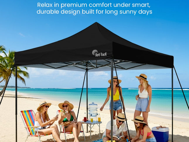 RED TRACK 3x3m Premium Pop Up Gazebo Marquee, Patented Steel Cable Canopy Support System, Wheeled Carry Bag, Side Walls, UV Block, Reinforced Frame, Black