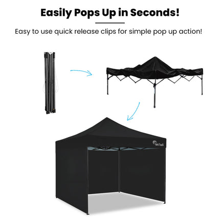 RED TRACK 3x3m Premium Pop Up Gazebo Marquee, Patented Steel Cable Canopy Support System, Wheeled Carry Bag, Side Walls, UV Block, Reinforced Frame, Black