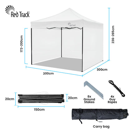 RED TRACK 3x3m Premium Pop Up Gazebo Marquee, Patented Steel Cable Canopy Support System, Wheeled Carry Bag, Side Walls, UV Block, Reinforced Frame, White
