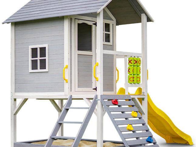 ROVO KIDS Wooden Tower Cubby House with Slide, Sandpit, Climbing Wall, Noughts & Crosses
