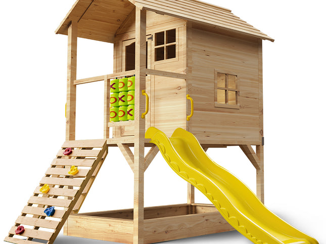 ROVO KIDS Wooden Tower Cubby House with Slide, Sandpit, Climbing Wall, Noughts & Crosses, Natural Colour