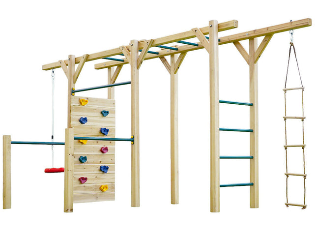 ROVO KIDS Ultimate Outdoor Monkey Bars Playset Frame, with Climbing Wall, Disc Swing, Rope Ladder