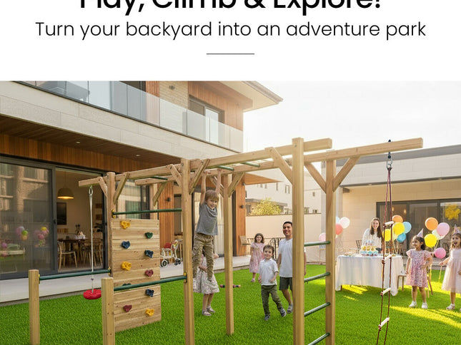 ROVO KIDS Ultimate Outdoor Monkey Bars Playset Frame, with Climbing Wall, Disc Swing, Rope Ladder