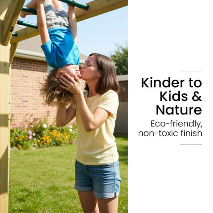 ROVO KIDS Ultimate Outdoor Monkey Bars Playset Frame, with Climbing Wall, Disc Swing, Rope Ladder