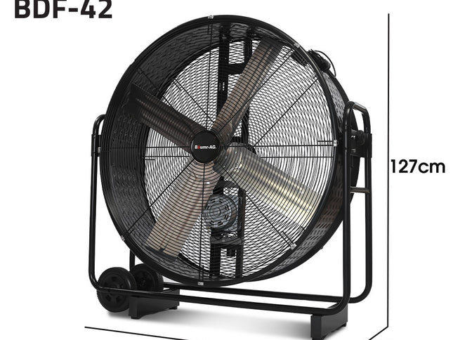BAUMR-AG 42" 1067mm 660W Industrial Mobile Floor Drum Fan, Belt Drive, Tilting, Large, Commercial,  Heavy-duty Frame, EESS Certified