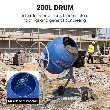 BAUMR-AG 200L Heavy-Duty Petrol Concrete Cement Mixer, 3hp 105cc Engine