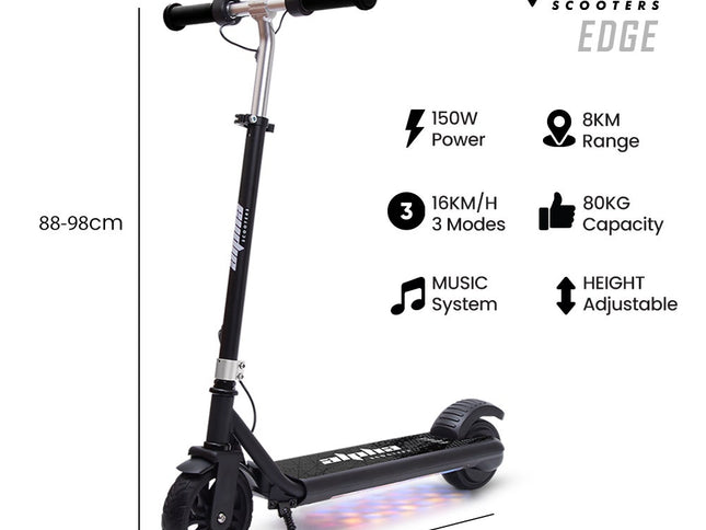 ALPHA Edge Electric Scooter Kids/Teens, 16km/h Max, Adjustable Height, UL Certified, AU Compliant, Dual Brakes, Bluetooth Music, LED, Black
