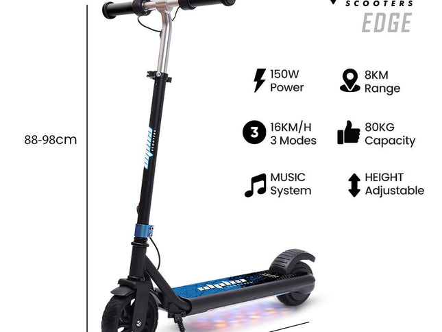 ALPHA Edge Electric Scooter Kids/Teens, 16km/h Max, Adjustable Height, UL Certified, AU Compliant, Dual Brakes, Bluetooth Music, LED, Blue