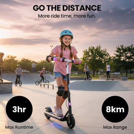 ALPHA Edge Electric Scooter Kids/Teens, 16km/h Max, Adjustable Height, UL Certified, AU Compliant, Dual Brakes, Bluetooth Music, LED, Pink