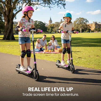 ALPHA Edge Electric Scooter Kids/Teens, 16km/h Max, Adjustable Height, UL Certified, AU Compliant, Dual Brakes, Bluetooth Music, LED, Pink