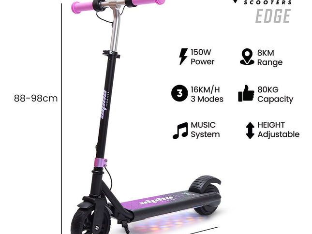 ALPHA Edge Electric Scooter Kids/Teens, 16km/h Max, Adjustable Height, UL Certified, AU Compliant, Dual Brakes, Bluetooth Music, LED, Pink