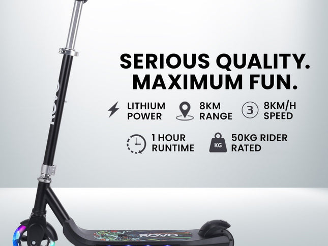 ROVO KIDS WhizKid Electric Scooter, Ages 5-11, Adjustable Height, AU Compliant, Lithium Battery, Brushless Motor, Black